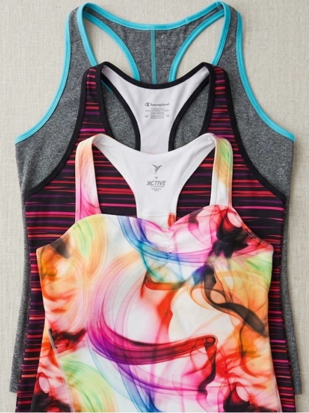 Active Racerback Tank Set of 3 - White with Coral and Multicolor Accents